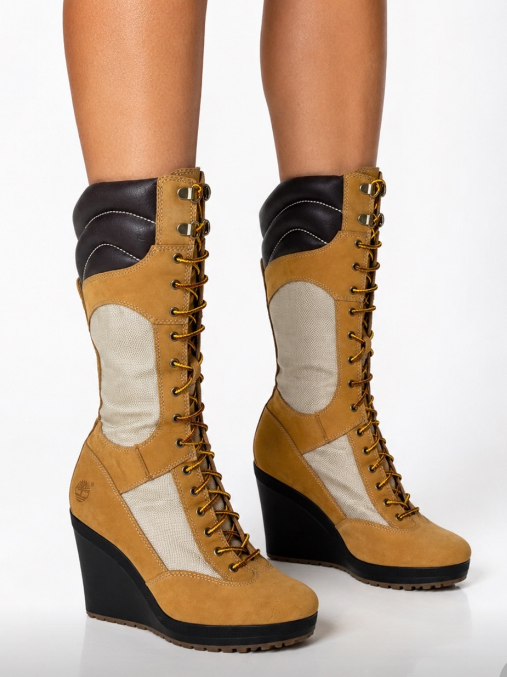 TIMBERLAND Beige Leather Knee High Lace-Up Wedge Boots Round Toe US 8.5